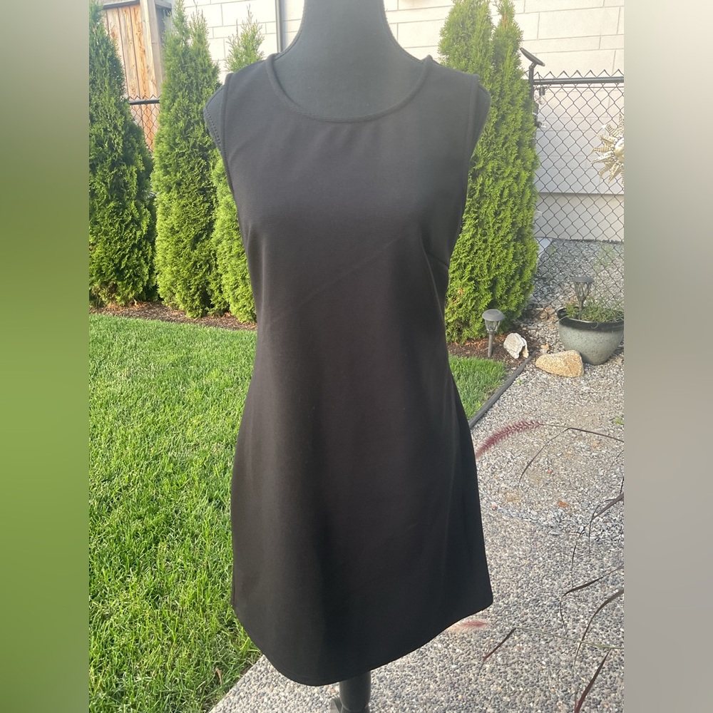 Molly Bracken Deep Black Sleeveless Sheath Mini Dress with Lacy & Bow .